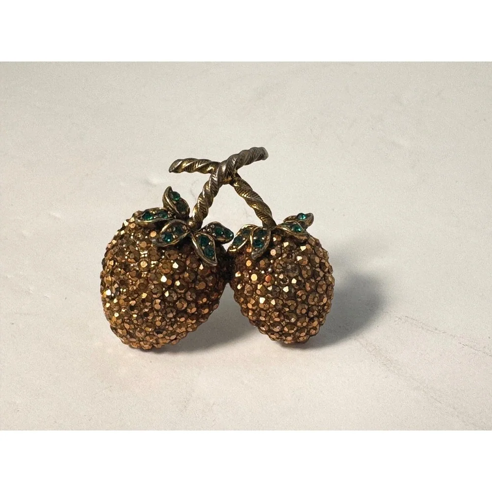 Weiss Vintage Gold Topaz‎ Rhinestone Double Strawberry Brooch Pin Green Leaves